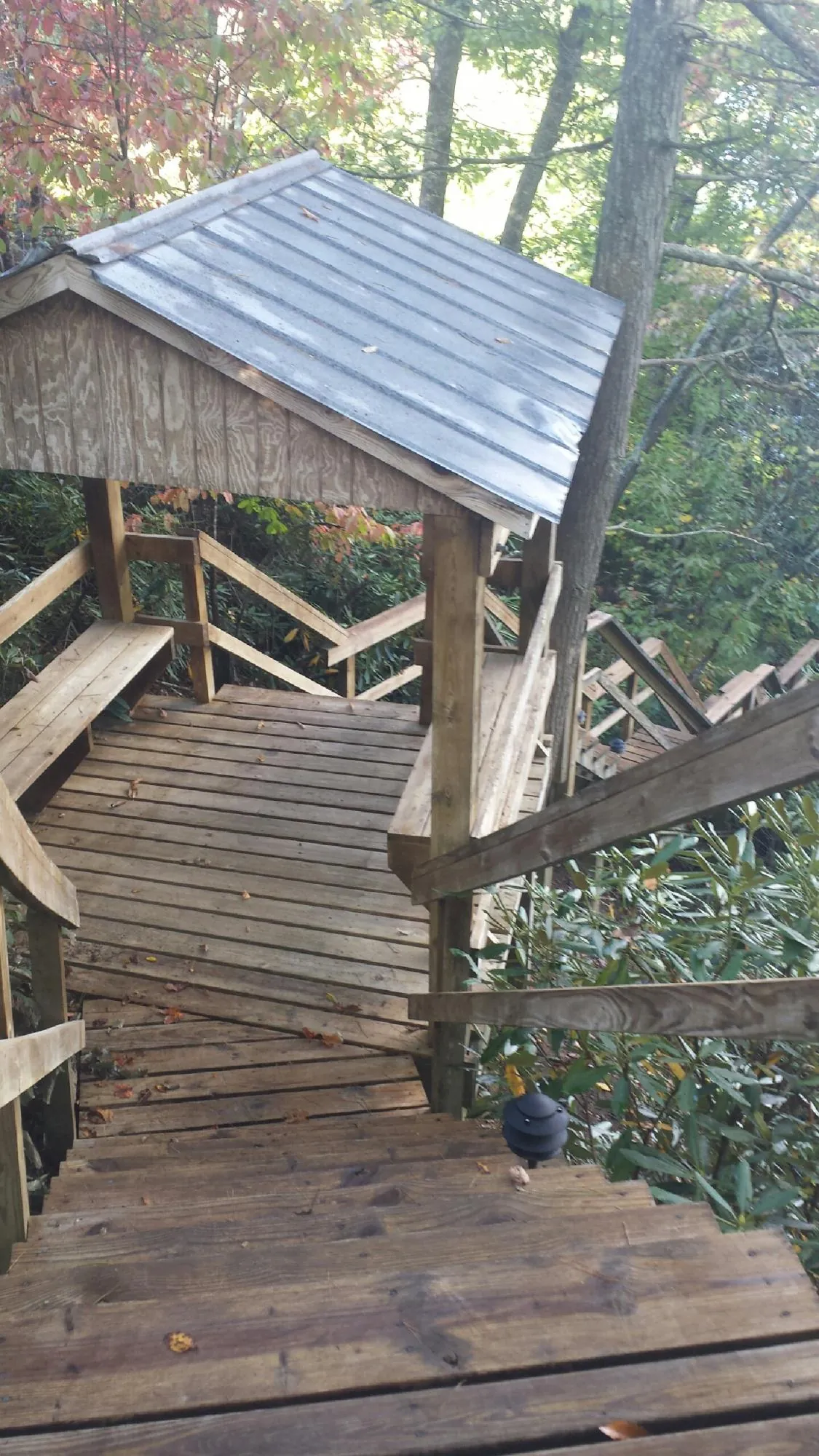 Metal roofed shelter over wooden steps on a wooded walkway — Skylight Repair & Installation work by our crew in Pacoima